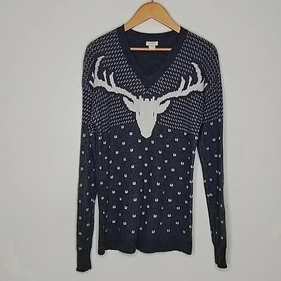 J. Crew Intarsia Reindeer Wool V-neck Sweater size M - Picture 2 of 12